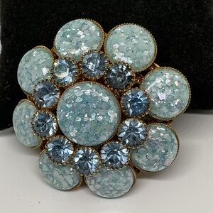 Vintage Domed Blue Lucite Confetti & Rhinestone Brooch